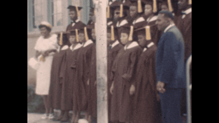 1959 Video Screen Shot, 8th Grade Graduation picture on front steps of Hawkins Colored High School